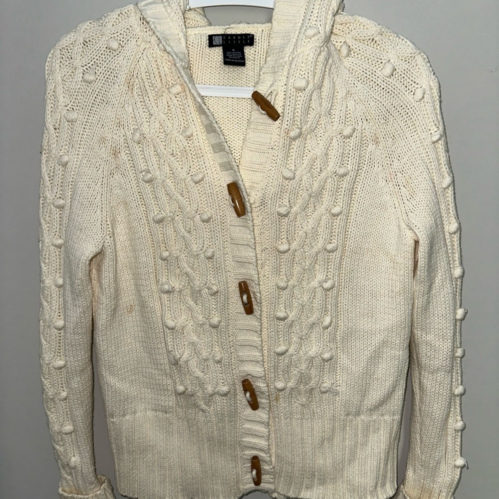 Carole Little Cream Cable Knit Hooded Cardigan